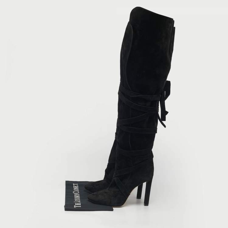 Pre Owned Saint Laurent Black Suede Knee Length Boots Size 38