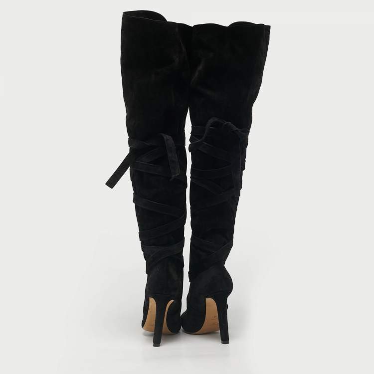 Pre Owned Saint Laurent Black Suede Knee Length Boots Size 38