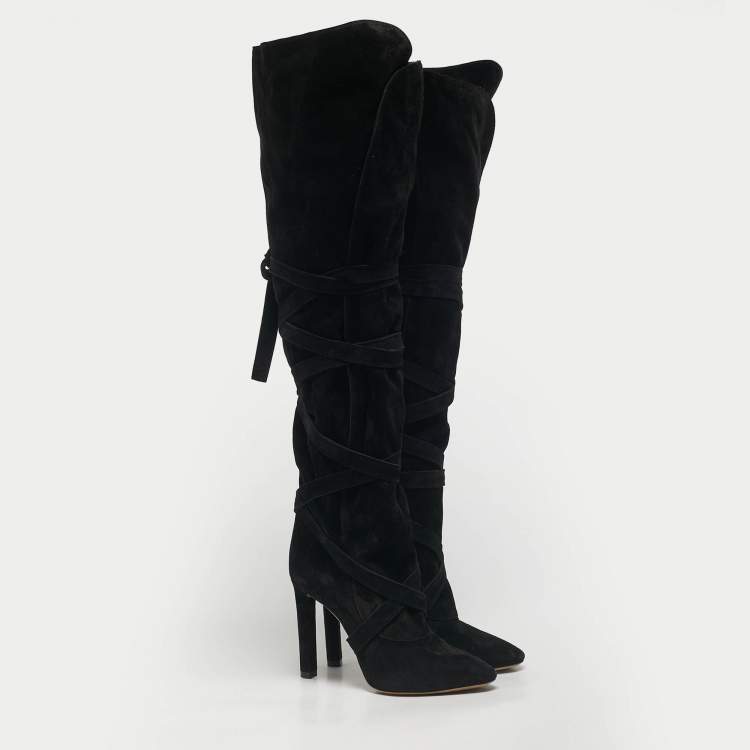 Pre Owned Saint Laurent Black Suede Knee Length Boots Size 38