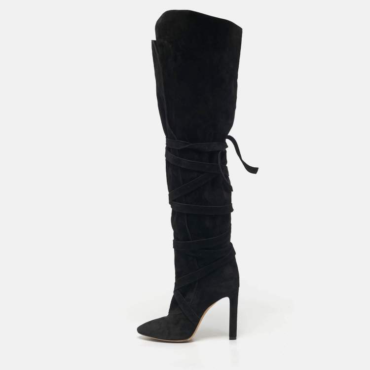 Pre Owned Saint Laurent Black Suede Knee Length Boots Size 38