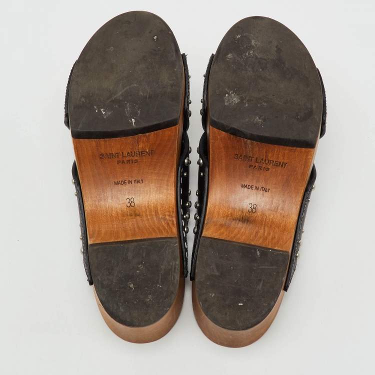 Pre Owned Saint Laurent Black Leather Cross Strap Studded Wood Platform Clogs Size 38