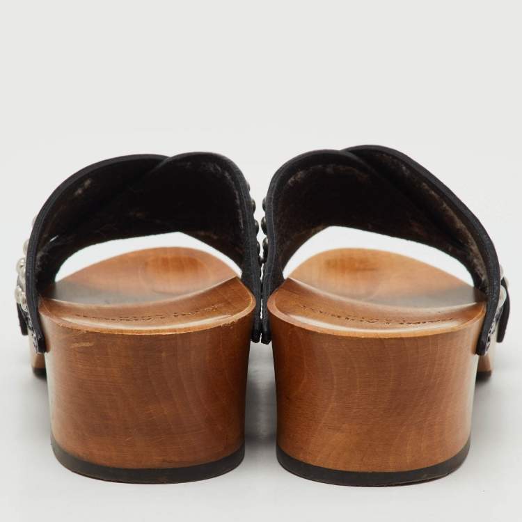 Pre Owned Saint Laurent Black Leather Cross Strap Studded Wood Platform Clogs Size 38