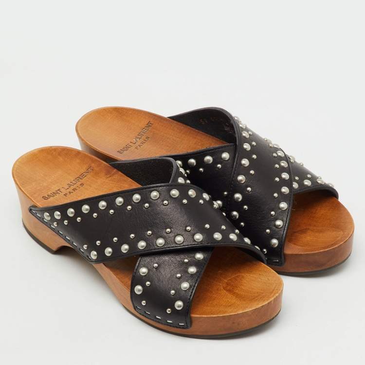 Pre Owned Saint Laurent Black Leather Cross Strap Studded Wood Platform Clogs Size 38