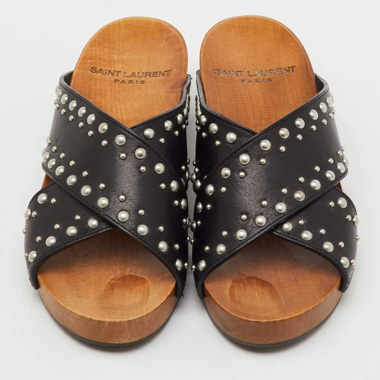 Pre Owned Saint Laurent Black Leather Cross Strap Studded Wood Platform Clogs Size 38