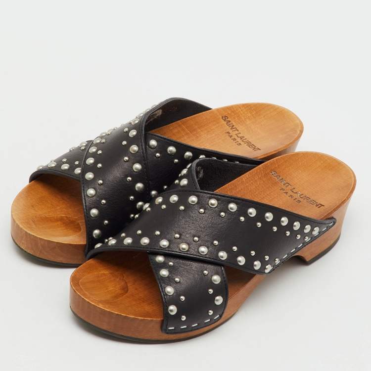 Pre Owned Saint Laurent Black Leather Cross Strap Studded Wood Platform Clogs Size 38