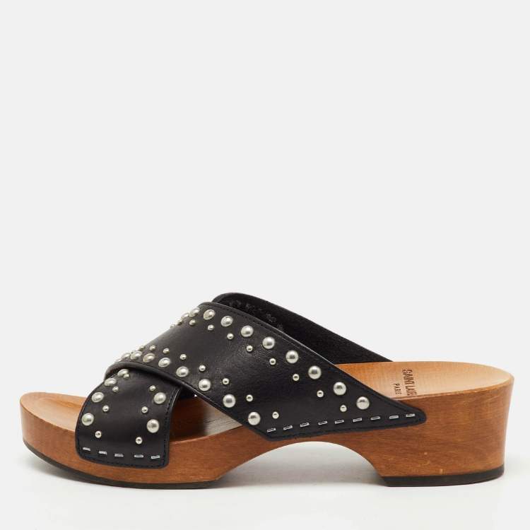 Pre Owned Saint Laurent Black Leather Cross Strap Studded Wood Platform Clogs Size 38