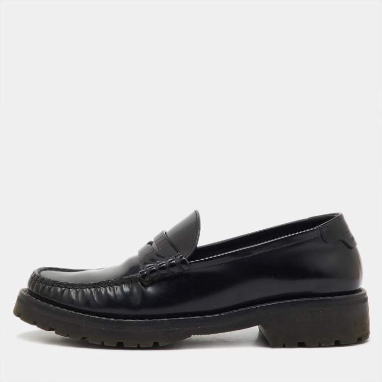 Pre Owned Saint Laurent Black Leather Slip On Penny Loafers Size 36
