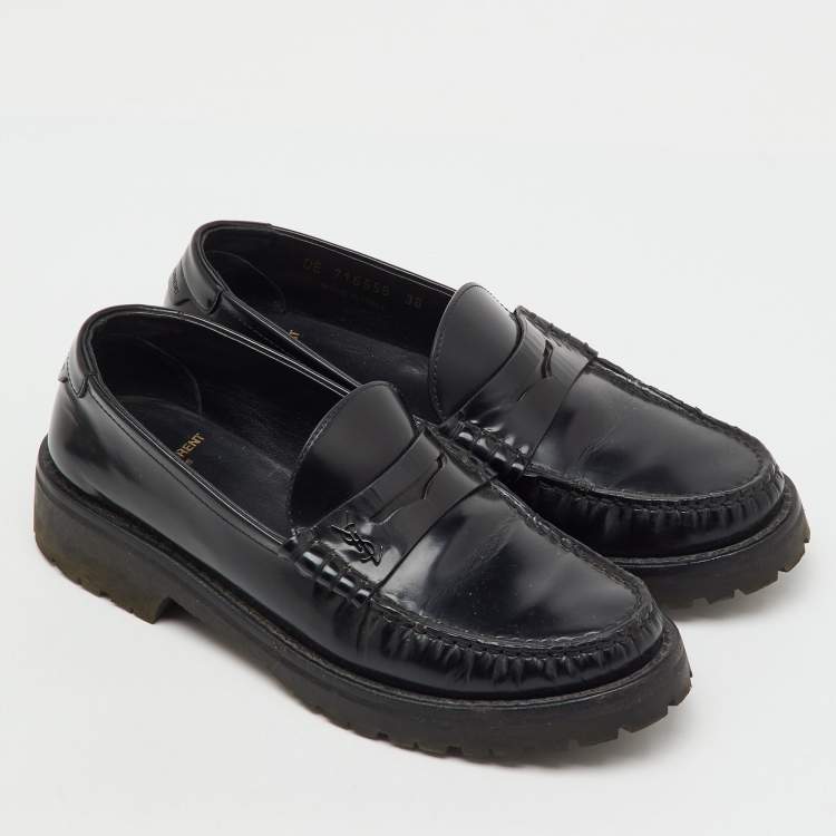 Pre Owned Saint Laurent Black Leather Slip On Penny Loafers Size 36