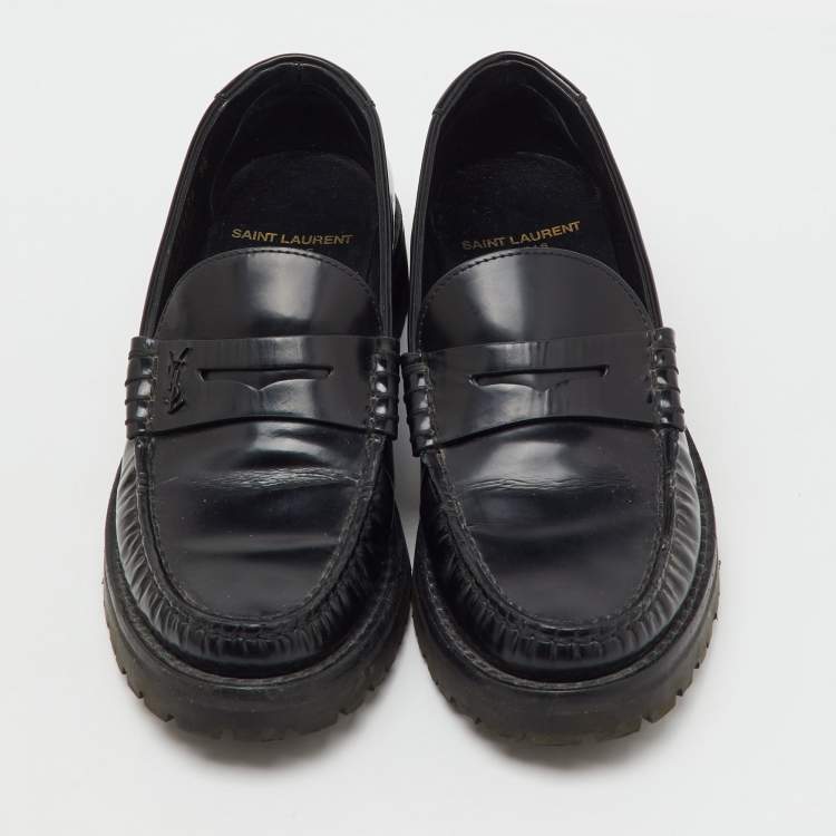 Pre Owned Saint Laurent Black Leather Slip On Penny Loafers Size 36