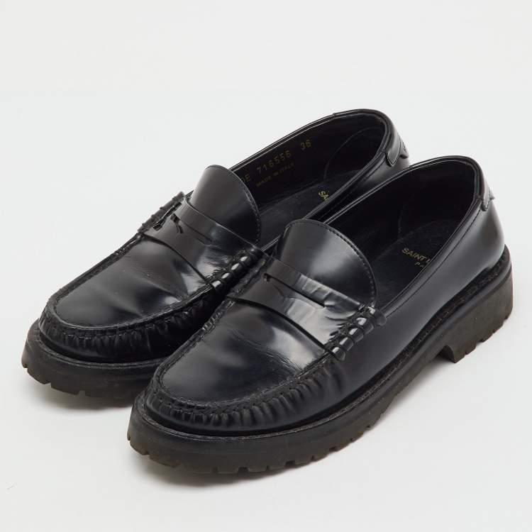 Pre Owned Saint Laurent Black Leather Slip On Penny Loafers Size 36