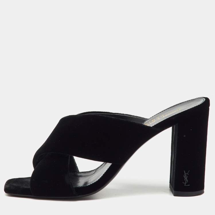 Pre Owned Saint Laurent Black Velvet Loulou Slide Sandals Size 35.5