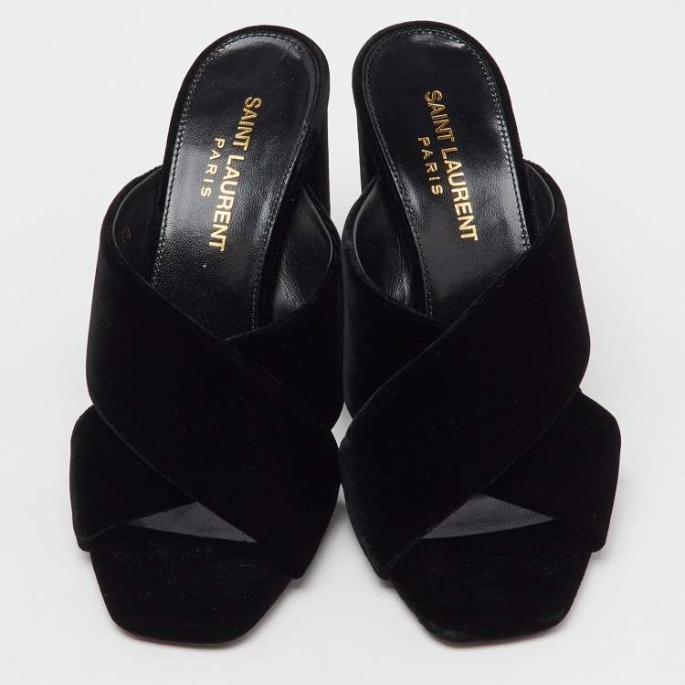 Pre Owned Saint Laurent Black Velvet Loulou Slide Sandals Size 35.5