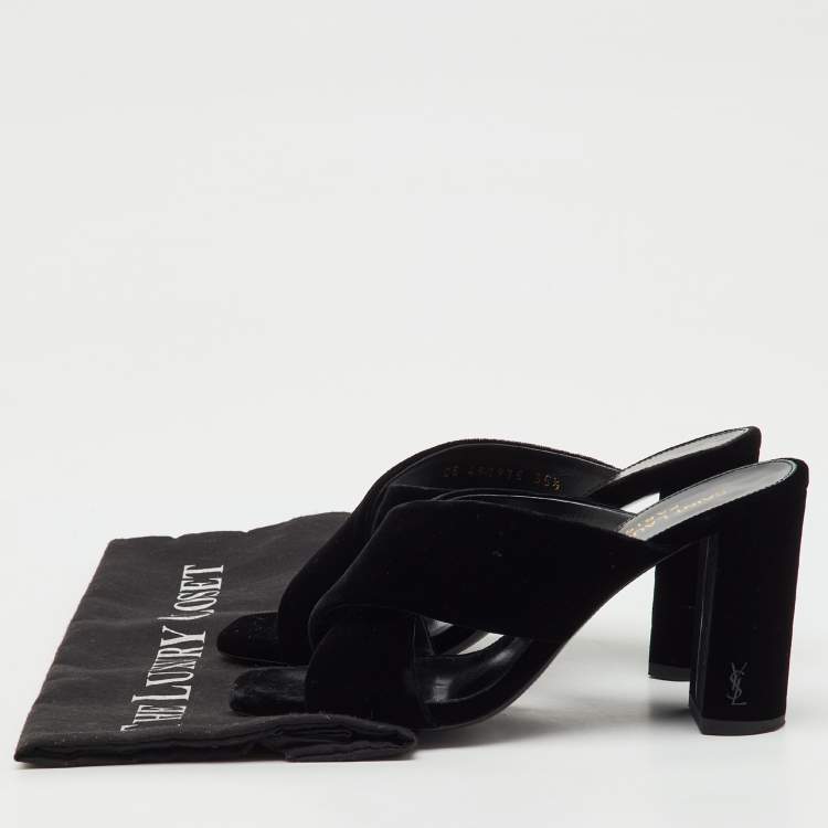 Pre Owned Saint Laurent Black Velvet Loulou Slide Sandals Size 35.5