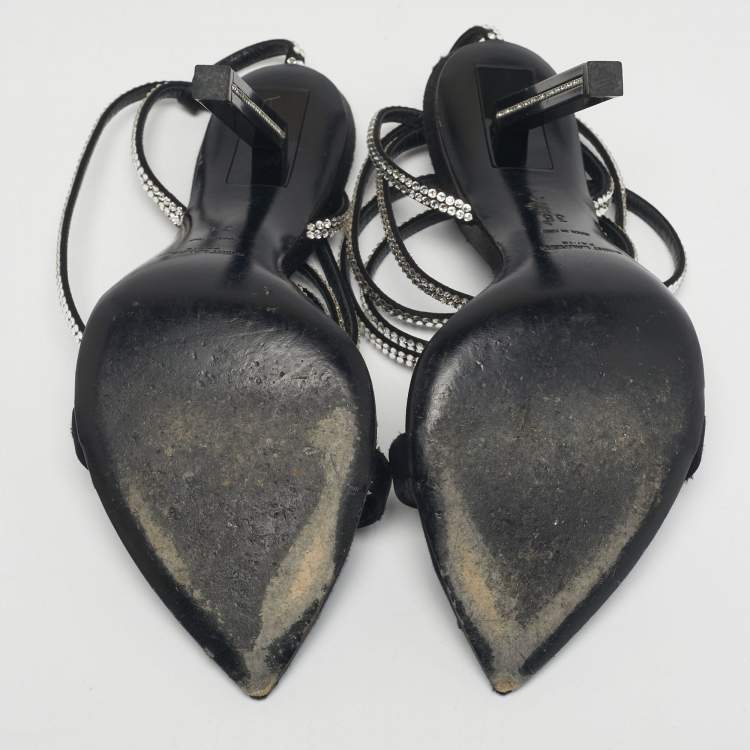 Pre Owned Saint Laurent Black Satin Georgia Ankle Strap Sandals Size 38