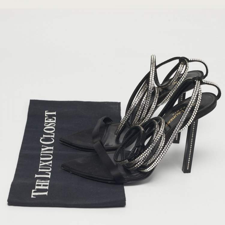 Pre Owned Saint Laurent Black Satin Georgia Ankle Strap Sandals Size 38