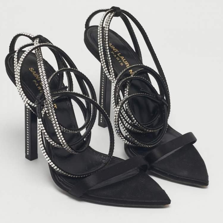 Pre Owned Saint Laurent Black Satin Georgia Ankle Strap Sandals Size 38