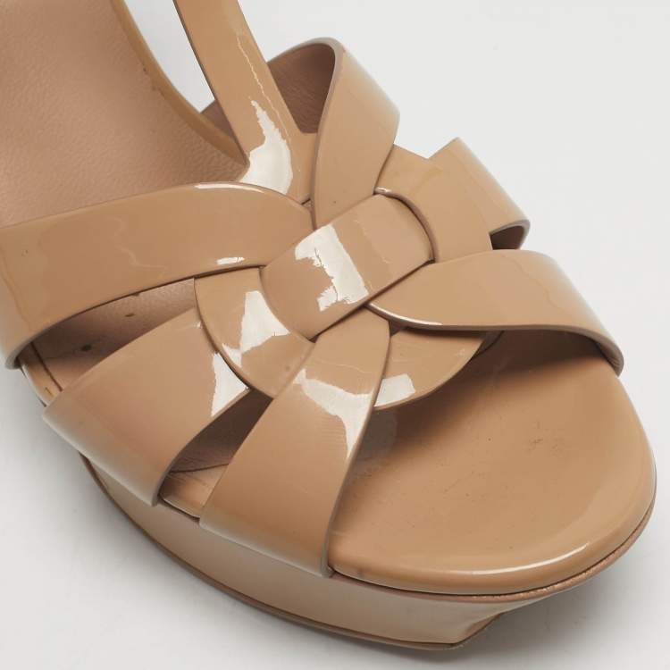 Pre Owned Saint Laurent Paris Beige Patent Leather Platform Sandals Size 36.5