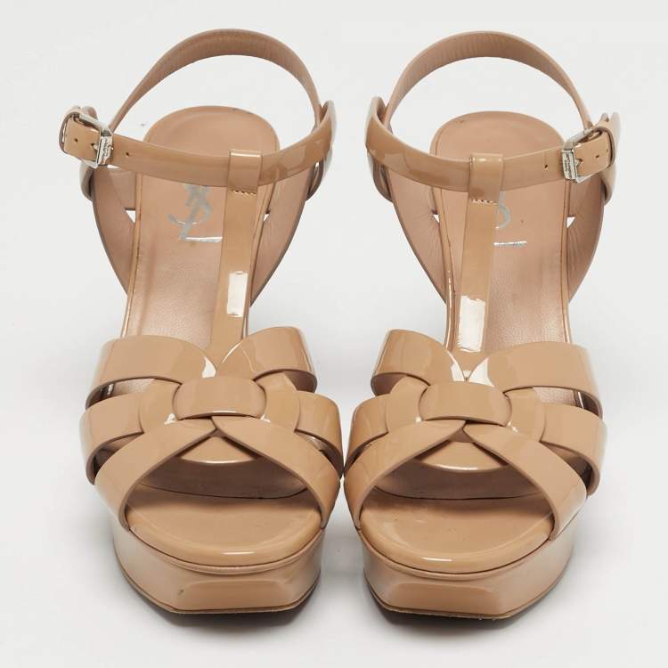 Pre Owned Saint Laurent Paris Beige Patent Leather Platform Sandals Size 36.5