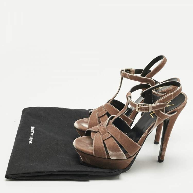 Pre Owned Saint Laurent Beige Velvet Ankle Strap Sandals Size 37