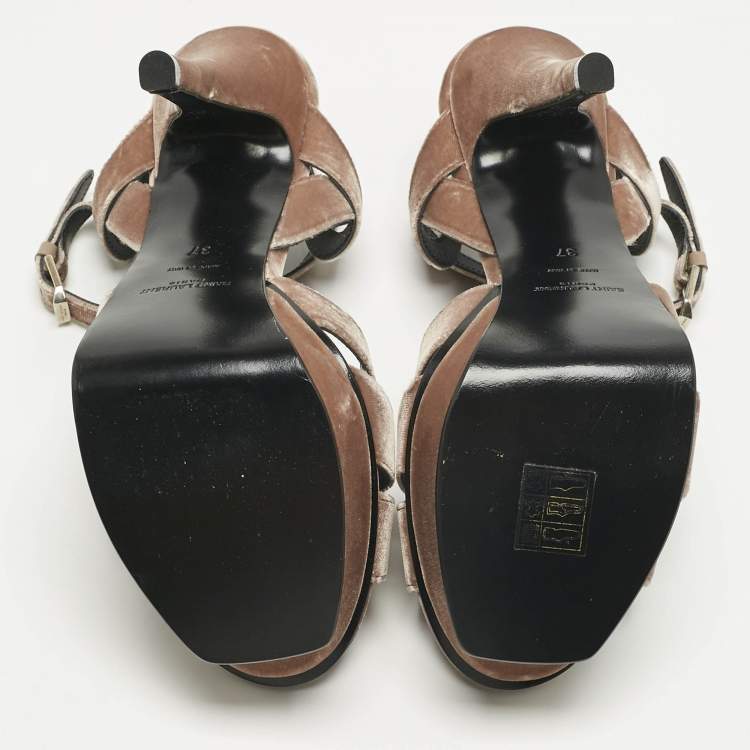 Pre Owned Saint Laurent Beige Velvet Ankle Strap Sandals Size 37
