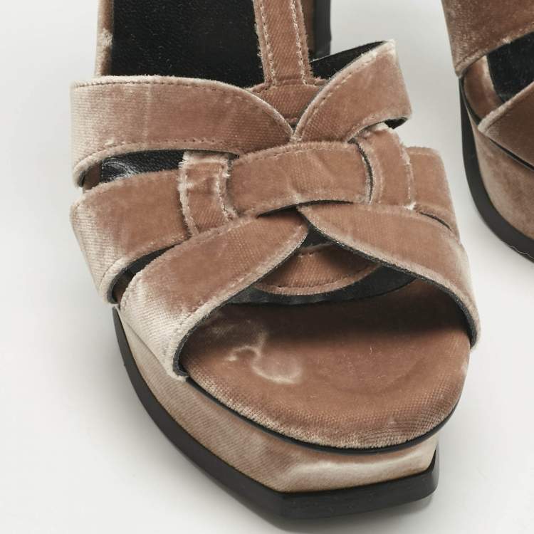 Pre Owned Saint Laurent Beige Velvet Ankle Strap Sandals Size 37