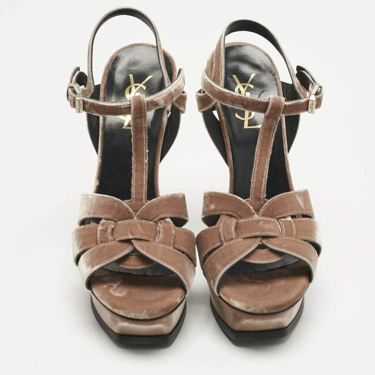 Pre Owned Saint Laurent Beige Velvet Ankle Strap Sandals Size 37