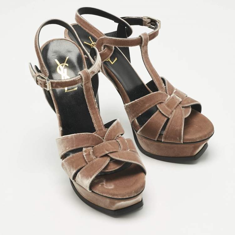 Pre Owned Saint Laurent Beige Velvet Ankle Strap Sandals Size 37