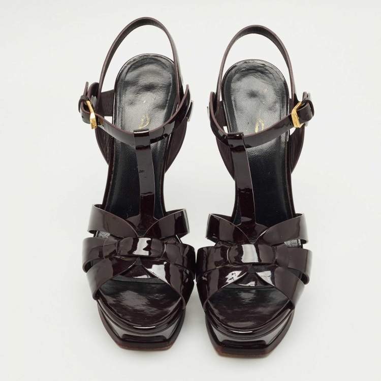 Pre Owned Saint Laurent Burgundy Patent Leather Platform Sandals Size 39
