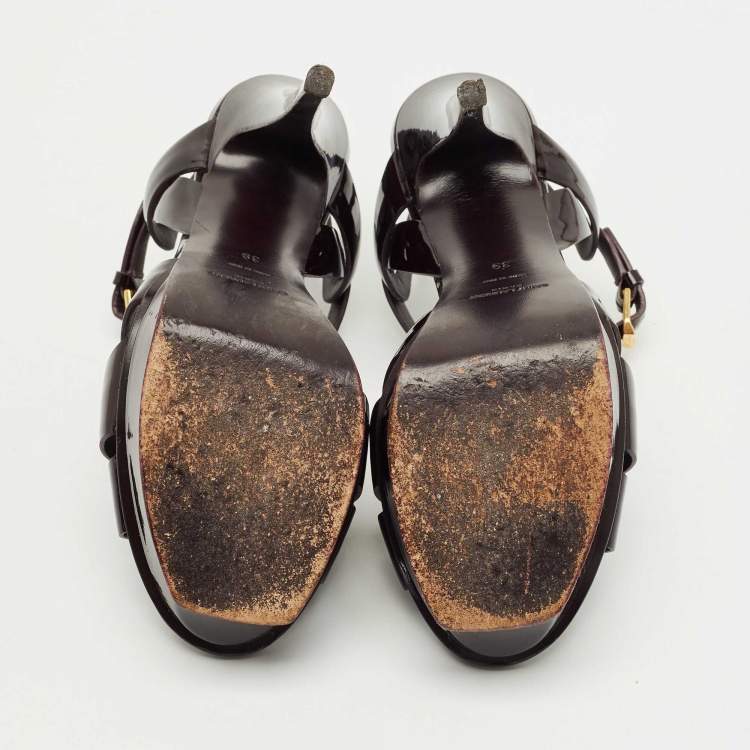 Pre Owned Saint Laurent Burgundy Patent Leather Platform Sandals Size 39