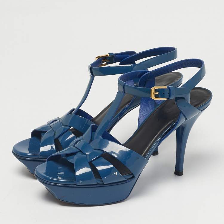 Pre Owned Saint Laurent Paris Blue Patent Leather Tribute Platform Ankle Strap Sandals Size 38