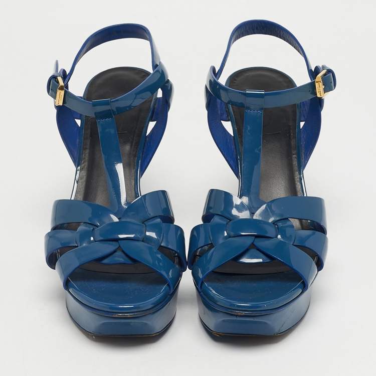 Pre Owned Saint Laurent Paris Blue Patent Leather Tribute Platform Ankle Strap Sandals Size 38