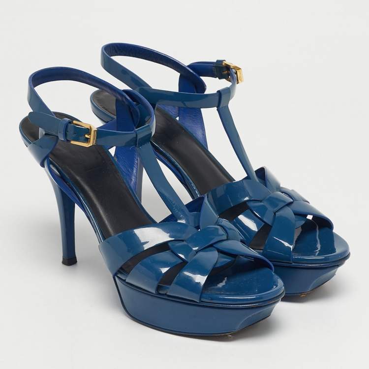 Pre Owned Saint Laurent Paris Blue Patent Leather Tribute Platform Ankle Strap Sandals Size 38