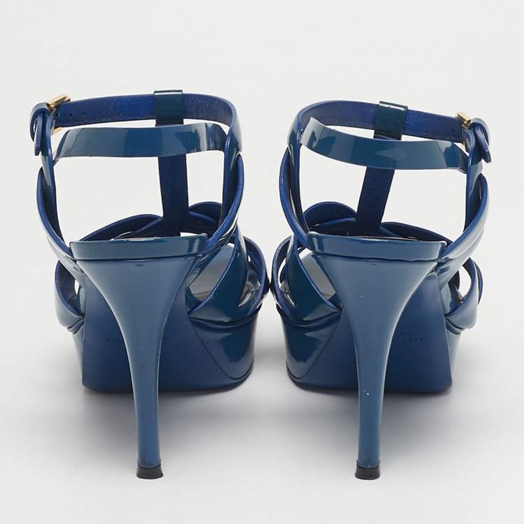 Pre Owned Saint Laurent Paris Blue Patent Leather Tribute Platform Ankle Strap Sandals Size 38