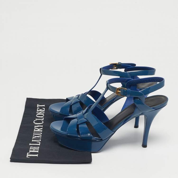 Pre Owned Saint Laurent Paris Blue Patent Leather Tribute Platform Ankle Strap Sandals Size 38