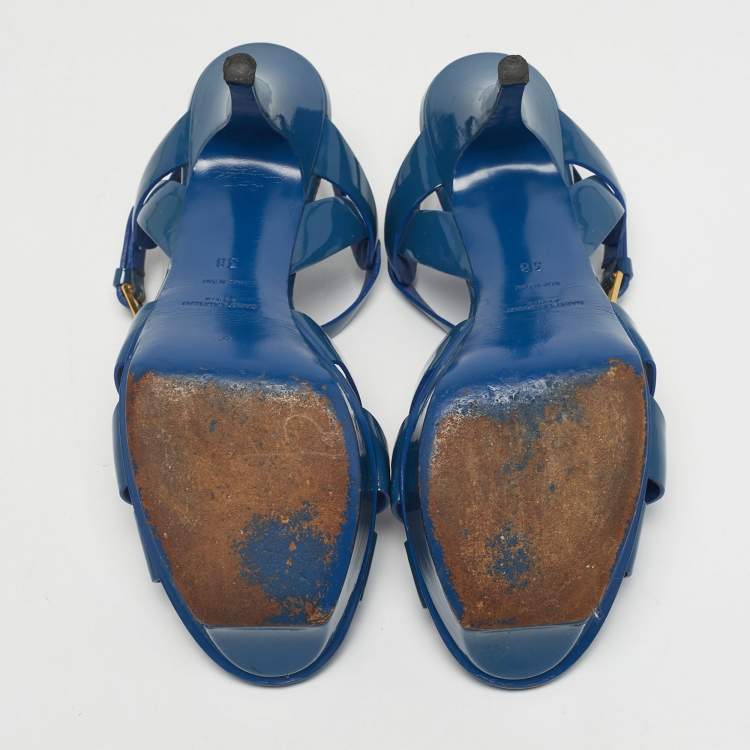 Pre Owned Saint Laurent Paris Blue Patent Leather Tribute Platform Ankle Strap Sandals Size 38