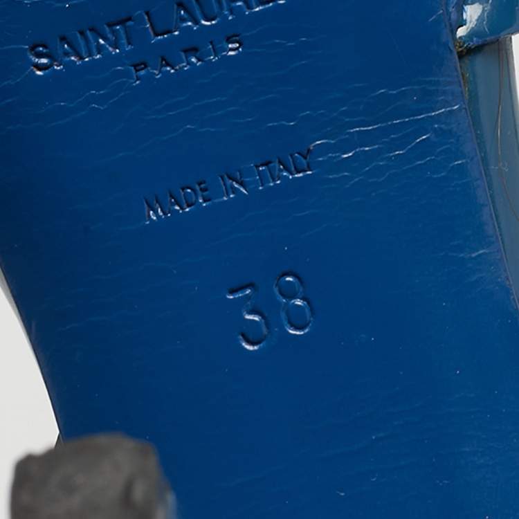 Pre Owned Saint Laurent Paris Blue Patent Leather Tribute Platform Ankle Strap Sandals Size 38