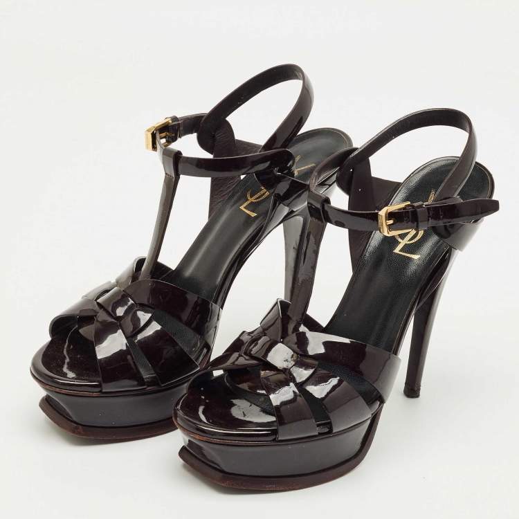 Pre Owned Saint Laurent Burgundy Patent Leather Tribute Platform Sandals Size 36.5