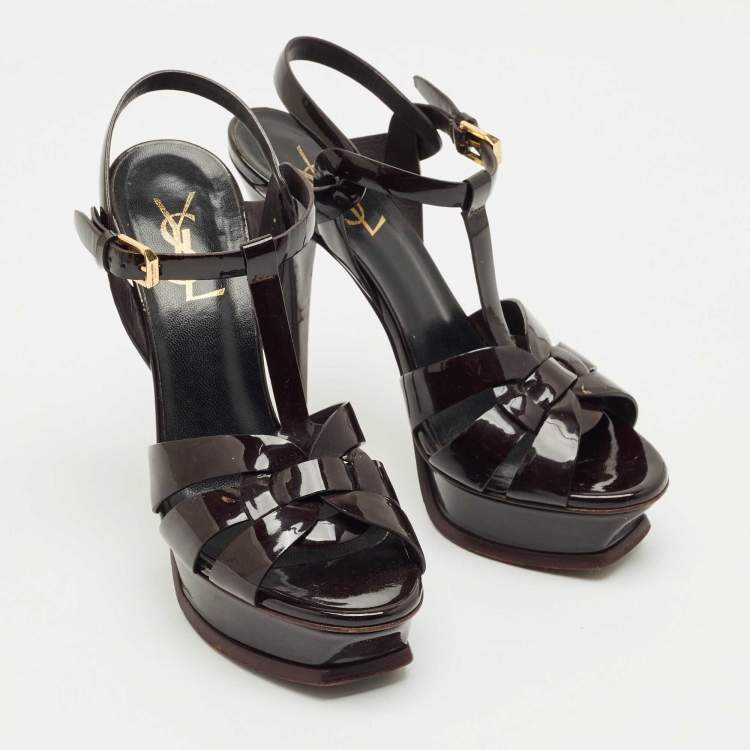 Pre Owned Saint Laurent Burgundy Patent Leather Tribute Platform Sandals Size 36.5
