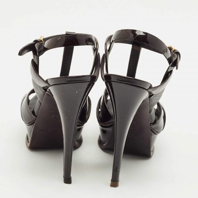 Pre Owned Saint Laurent Burgundy Patent Leather Tribute Platform Sandals Size 36.5