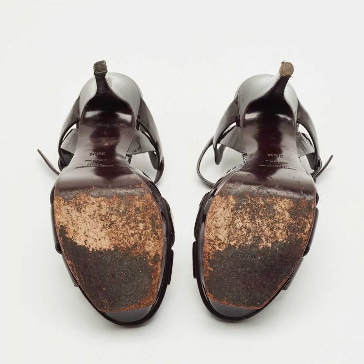 Pre Owned Saint Laurent Burgundy Patent Leather Tribute Platform Sandals Size 36.5