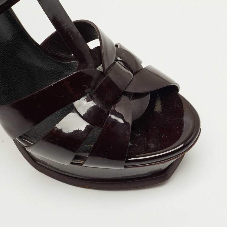 Pre Owned Saint Laurent Burgundy Patent Leather Tribute Platform Sandals Size 36.5