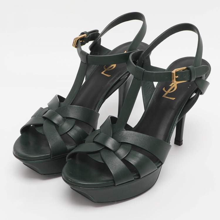 Saint Laurent Green Leather Tribute Platform Sandals Size 36 Saint