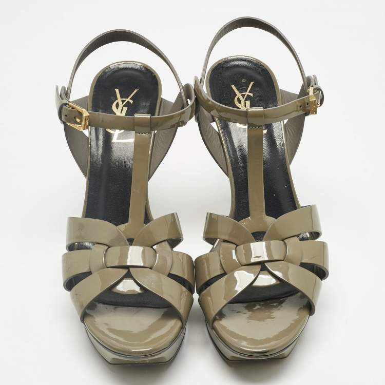 Pre Owned Saint Laurent Grey Patent Leather Tribute Platform Ankle Strap Sandals Size 39