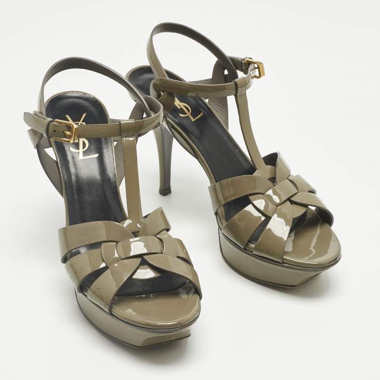Pre Owned Saint Laurent Grey Patent Leather Tribute Platform Ankle Strap Sandals Size 39