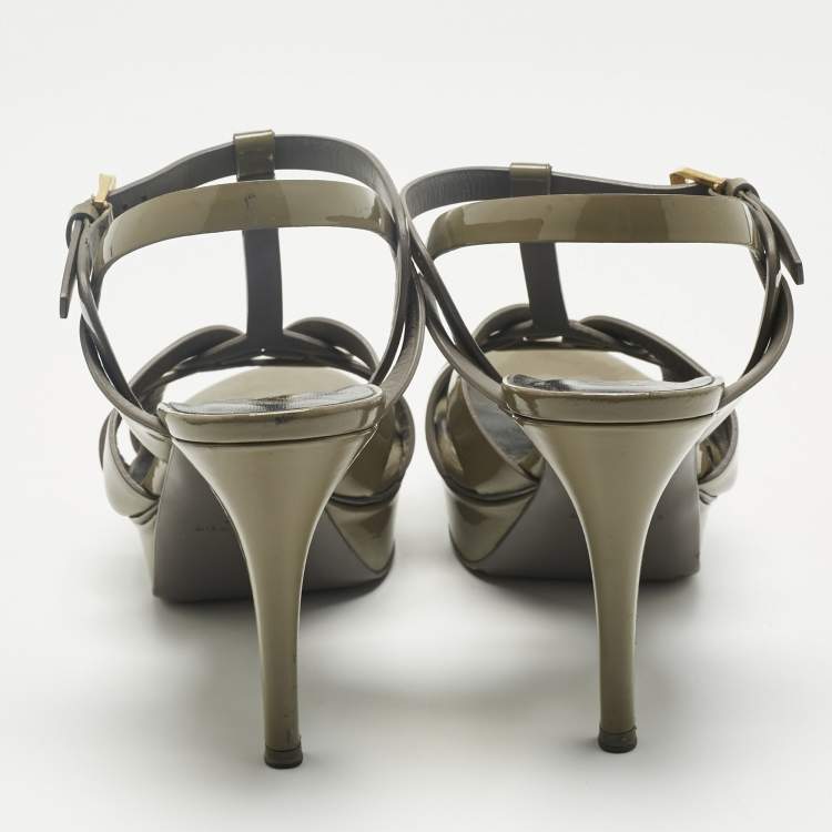 Pre Owned Saint Laurent Grey Patent Leather Tribute Platform Ankle Strap Sandals Size 39