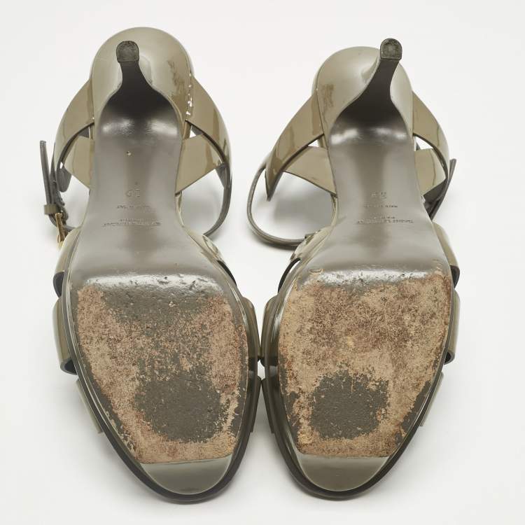 Pre Owned Saint Laurent Grey Patent Leather Tribute Platform Ankle Strap Sandals Size 39