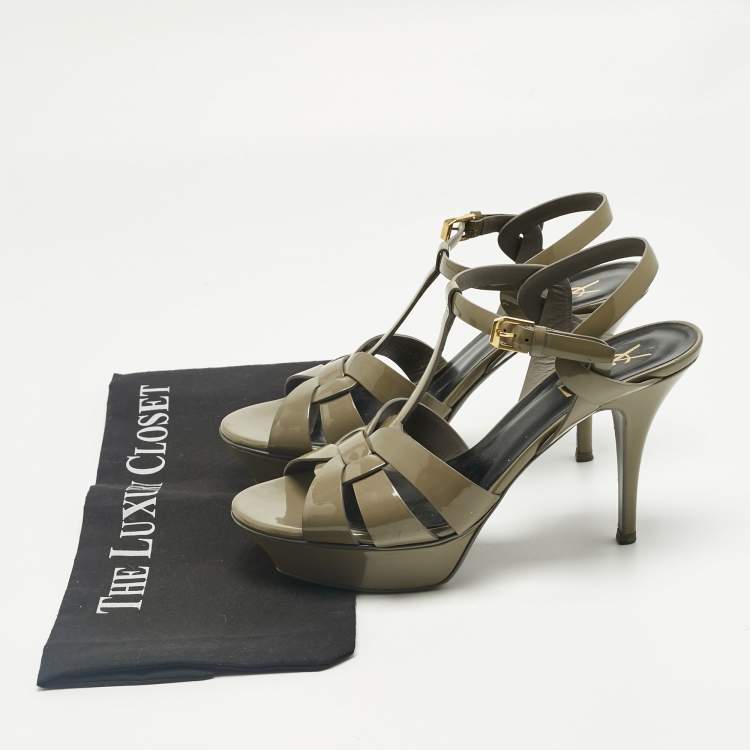 Pre Owned Saint Laurent Grey Patent Leather Tribute Platform Ankle Strap Sandals Size 39