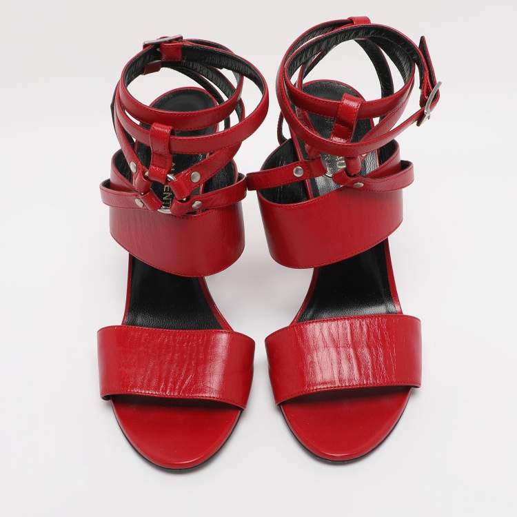 Pre Owned Saint Laurent Paris Red Leather Ankle Strap Sandals Size 38.5