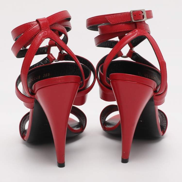 Pre Owned Saint Laurent Paris Red Leather Ankle Strap Sandals Size 38.5