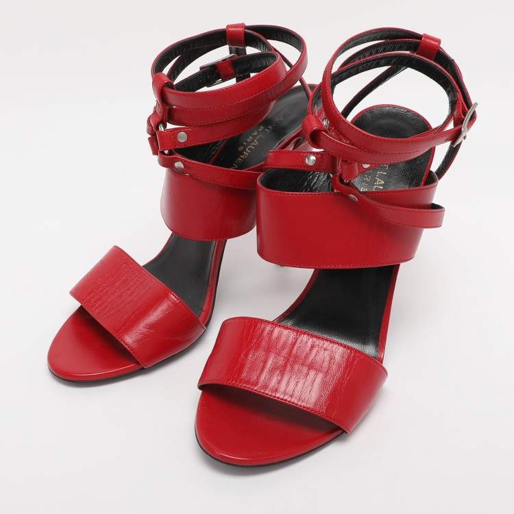 Pre Owned Saint Laurent Paris Red Leather Ankle Strap Sandals Size 38.5